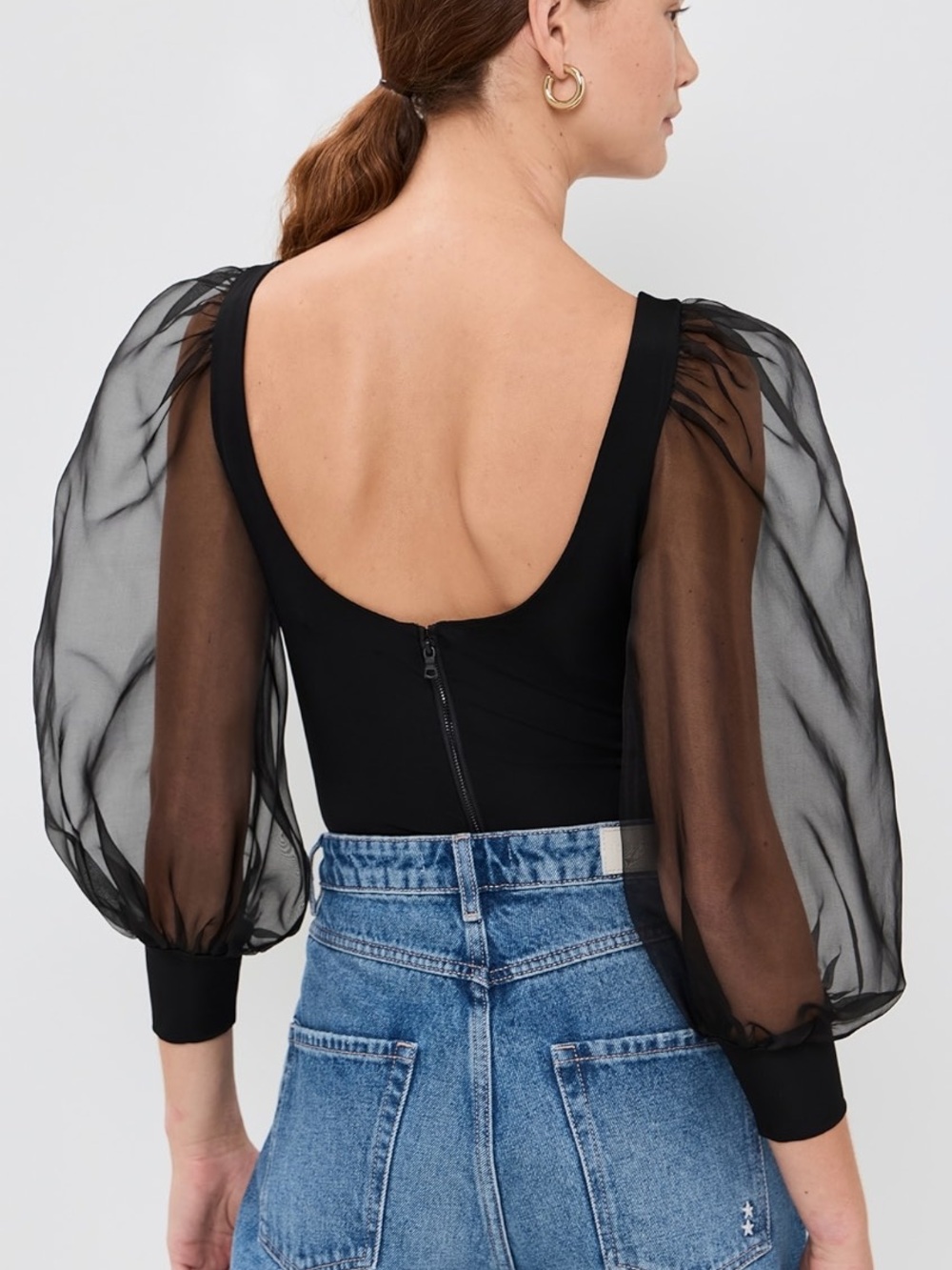 ALICE + OLIVIA Jillianne Scoop Neck Puff Sleeve Thong Bodysuit - Picture 3 of 9